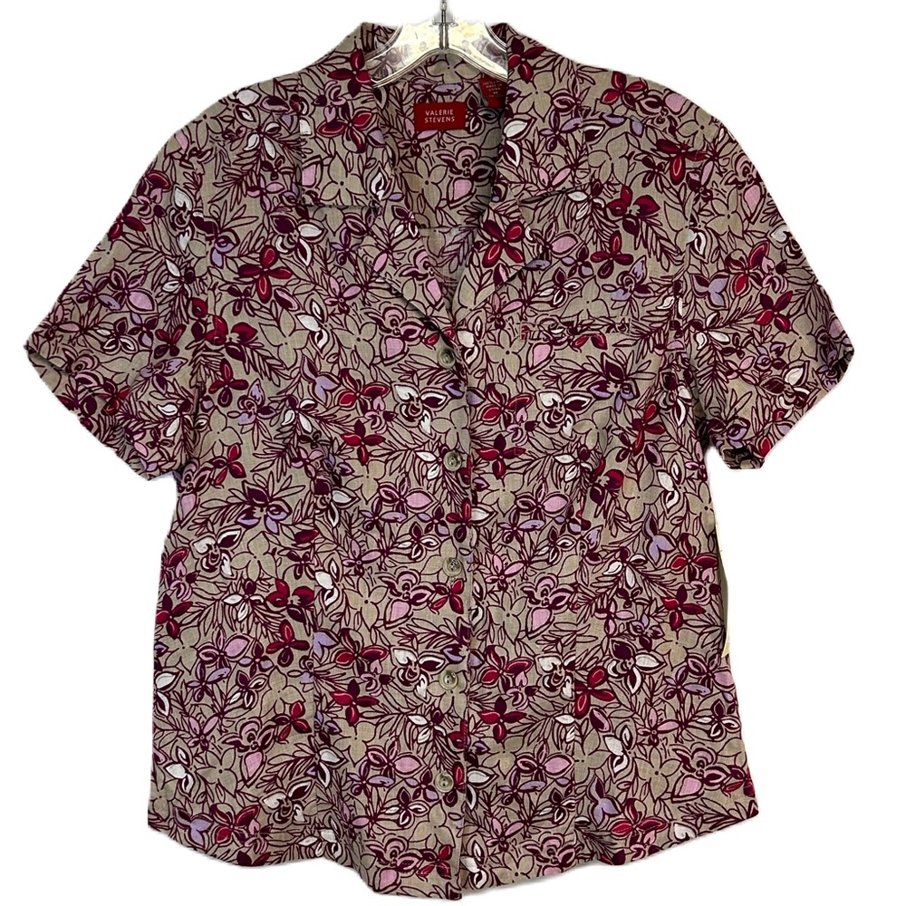 Womens Button Up Shirt Size M Short Sleeve 100% Linen Floral Hawaiian Tiki NWT